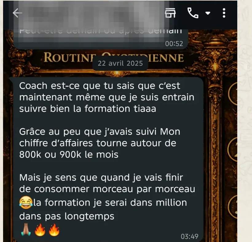 Message WhatsApp d'un apprenant du 22 avril 2025